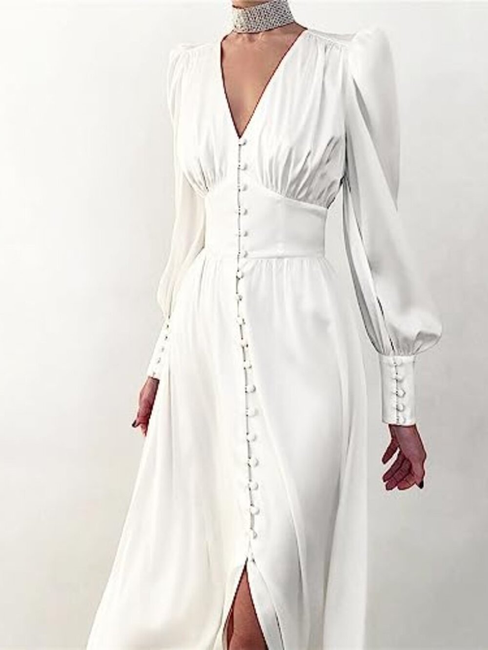 🆕 Women's V Neck Puff Sleeve Satin Maxi Dress Long Lantern Sleeve Button Down - Picture 4 of 4